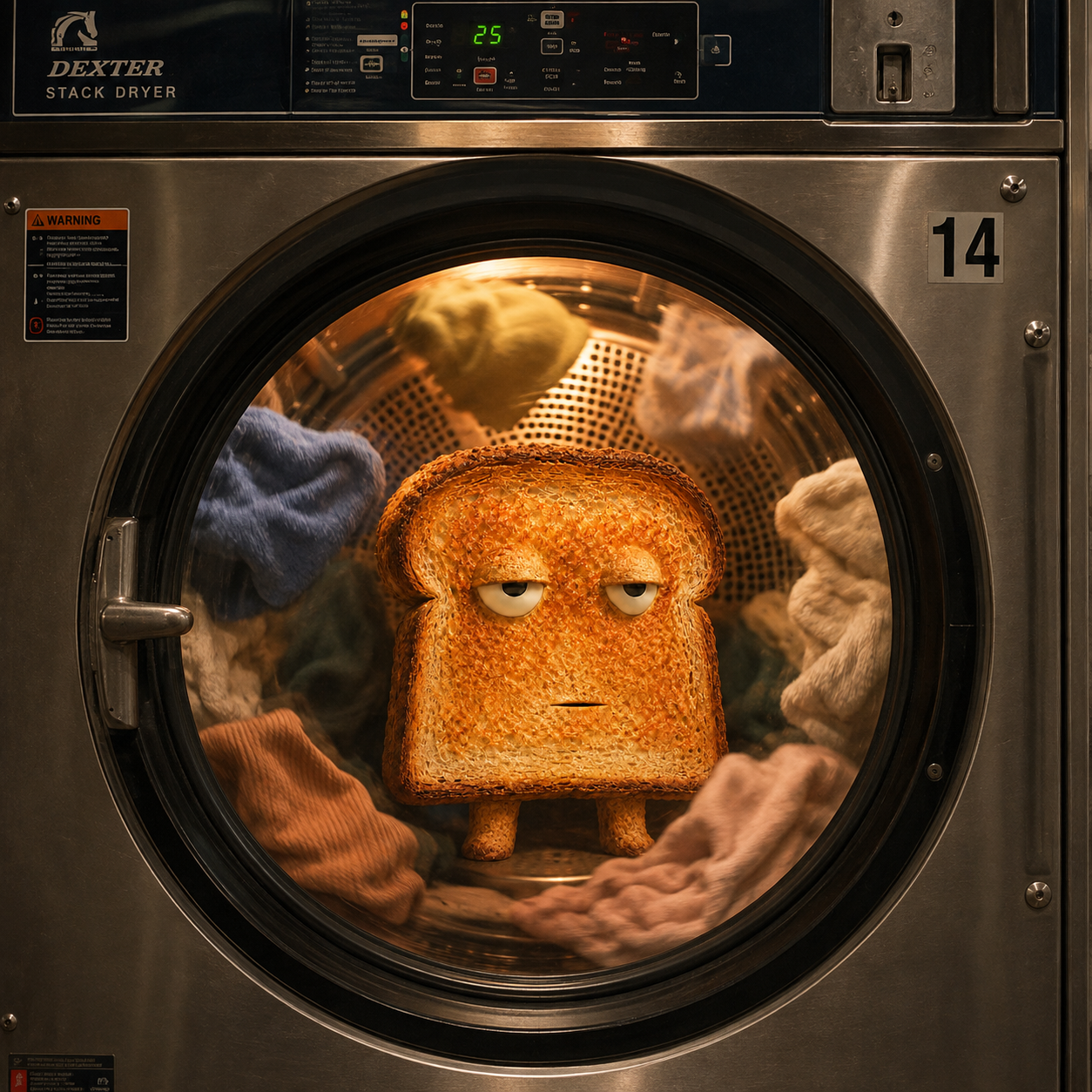 Drybread standing unimpressed inside a laundromat dryer
