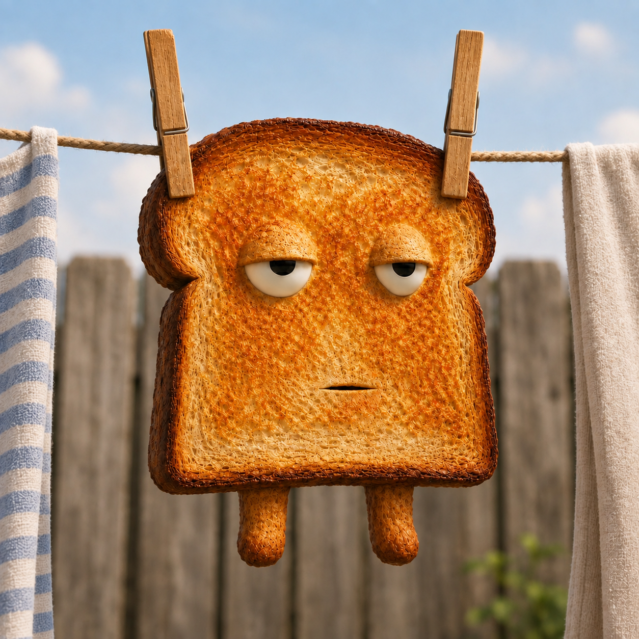 Drybread hanging completely dry on a sunny clothesline
