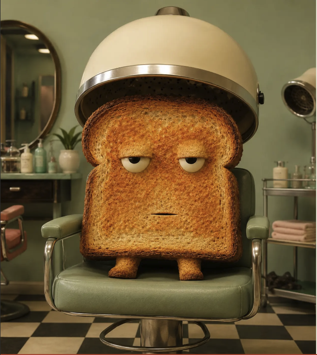 Drybread sitting under a vintage salon hair dryer