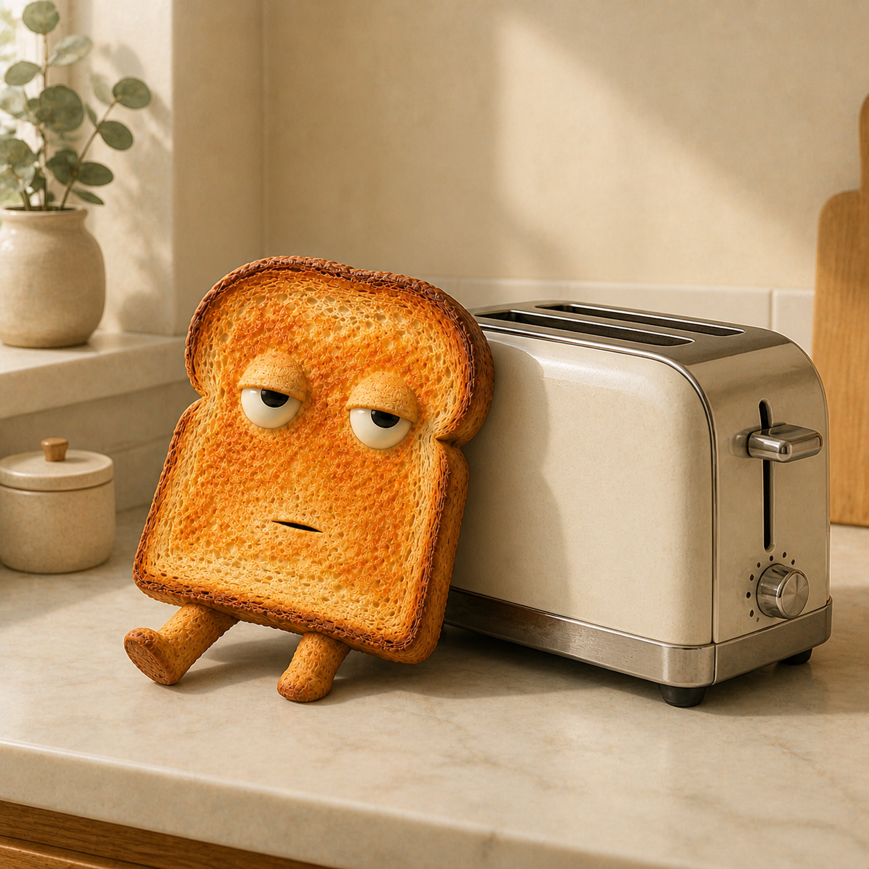 Drybread leaning against a toaster